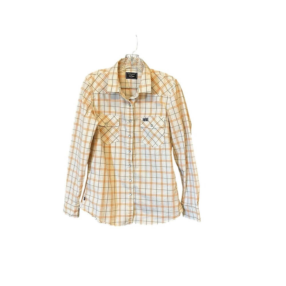 Kimes Ranch Lucas plaid shirt L orange white western cut coolmax pearl snap